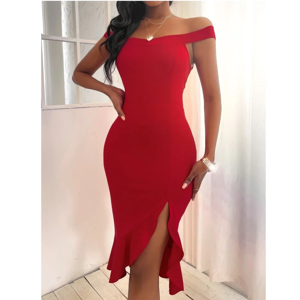 Off Shoulder Red Ruffle Detail Mermaid Dress - Picture 3 of 7